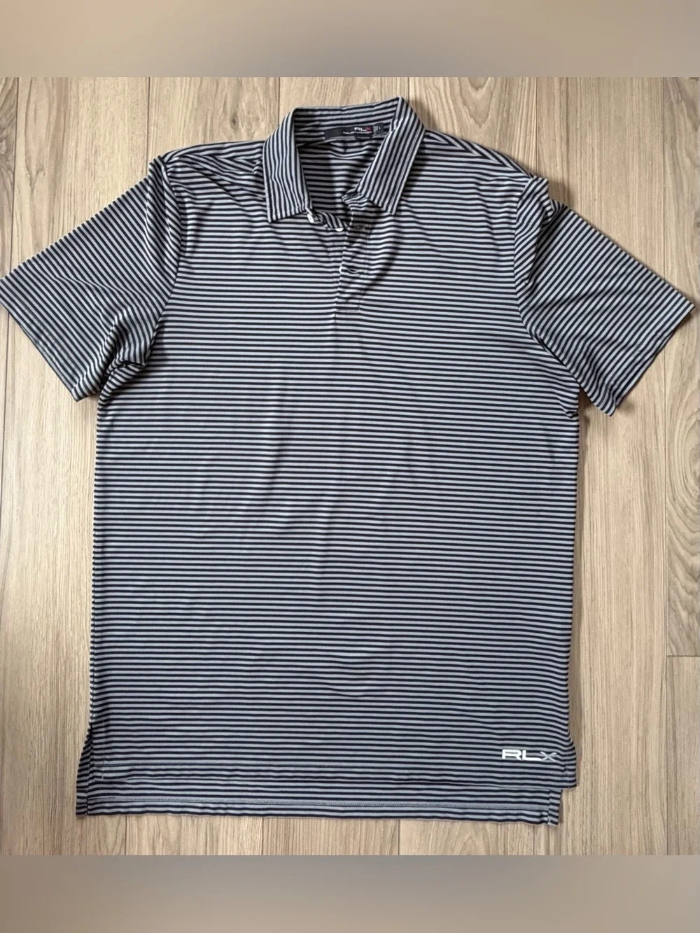 RLX Ralph Lauren Performance Golf Striped Polo Wicking Gray Black Sz L